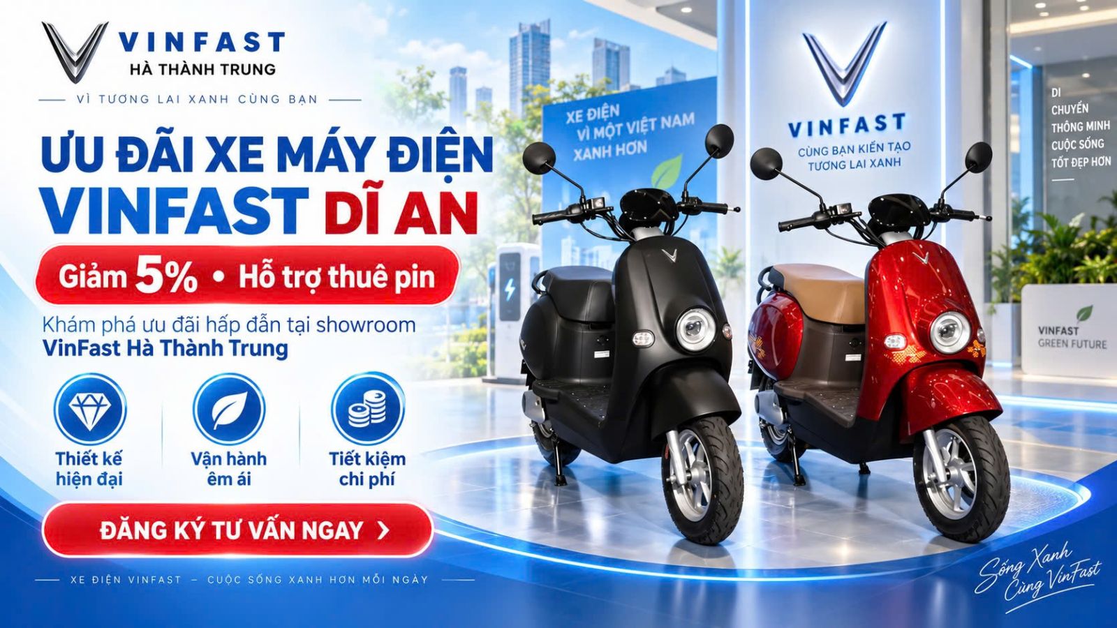 khách hàng tìm hiểu ưu đãi xe máy điện VinFast Dĩ An tại showroom Hà Thành Trung