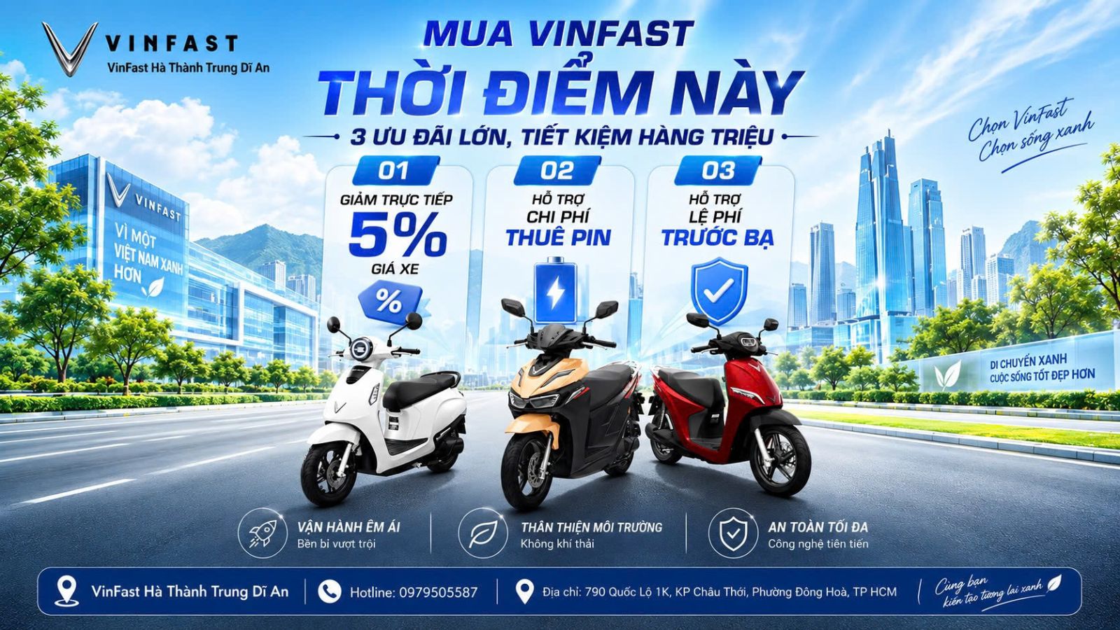 ưu đãi xe máy điện VinFast Dĩ An giảm 5% hỗ trợ thuê pin và lệ phí trước bạ